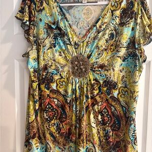 Dressbarn Blue and Gold Graphic Ruched Blouse